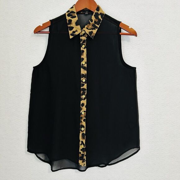 Edge Top Women M Black Leopard Gold Button Sheer Collar Office Party Maximalist - Picture 11 of 12